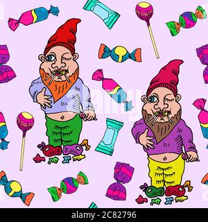 Lustige süße Zahn Gnome in roten Hut Essen viele bunte Lutscher, handgezeichnete bunte Doodle Skizze, nahtlose Muster-Design auf weichem Hintergrund Stockfoto