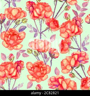 Rosen rote Blumen und Blätter, handbemalte Aquarell-Illustration, nahtlose Muster-Design auf weichem grünen Hintergrund Stockfoto