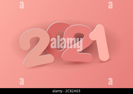 Neue Jahr 2021 Papier schneiden Zahlen in zarten rosa Farben. Mehrfarbige Beschriftung 2021. Dekorative Grußkarte 2021 Neujahr. Vektorgrafik Stock Vektor