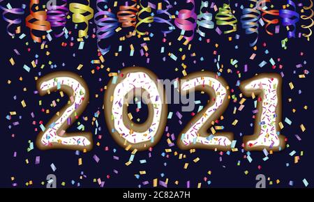 Neujahr, Inschrift 2021 in Form von weihnachtlichen Lebkuchen, verzierte weiße Glasur. Mehrfarbige Curling Stream und Konfetti. Toll für einen Designurlaub Stock Vektor
