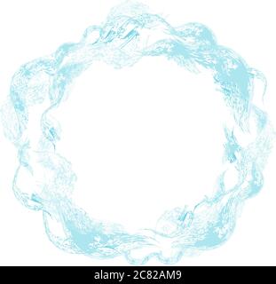 Runder Rahmen von handgezeichneten Wellen. Das Meerwasser spritzt. Blaue Grunge-Textur auf weißem Hintergrund. Vektorwellen Setzen Sie eine Vorlage für Ihre Sommerzeit Stock Vektor