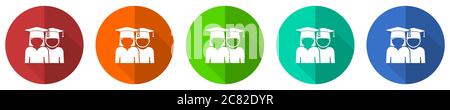 Bildung Icon Set, erziehen, Absolvent, weibliche und männliche Studenten, rot, blau, grün und orange flaches Design Web-Tasten isoliert auf weißem Hintergrund, vec Stock Vektor