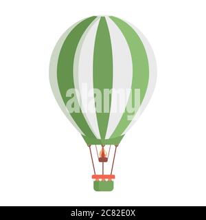 Heißluftballon mit weißen und grünen Streifen Vektor-flache Abbildung isoliert auf weißem Hintergrund. Luftverkehr für Reisen, Sommerreise, perfektes Wochenende und saisonales Freizeitkonzept. Stock Vektor