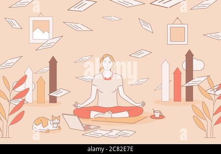 Junge lächelnde Frau in bequemen Kleidern sitzt in Lotus Pose und meditieren während Deadline Vektor Cartoon skizzieren Illustration. Angestellte Frau entspannt sich und bleibt bei der Arbeit ruhig. Stock Vektor