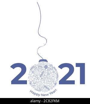 2021 Weihnachtskugel. Frohes Neues Jahr 2021. Viele Konturzeichnungen in Form eines Weihnachtsbaumballs. Für Design und Banner und Grüße und Stock Vektor