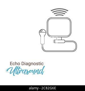 Abbildung des Symbols für die Linie des Ultraschallgeräts. Medizinischer Ultraschall. Maschinenbeschreibung prüfen. Echo-Diagnose. Einfaches Symbol für Ultraschalldiagnosegerät. Stock Vektor