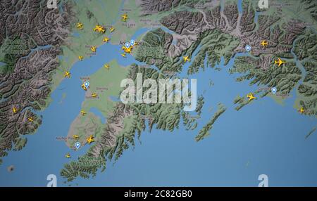 Flugverkehr über Anchorage aera (20. juli 2020, UTC 21.45) im Internet mit Flightradar 24-Standort, während der Coronavirus-Pandemie Stockfoto