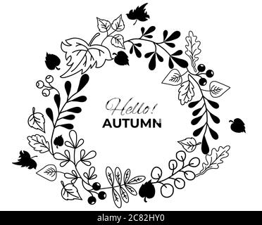 Vektor Herbst Kranz mit fallenden Blättern, Beeren. Runder Rahmen aus handgezeichneten botanischen Elementen. Kontur und Silhouette. Isoliert auf einem weißen mit Stock Vektor