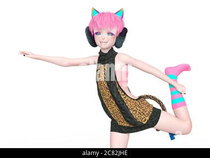 Kawaii Mädchen auf Kitty Pullover Stretching, 3d-Illustration Stockfoto