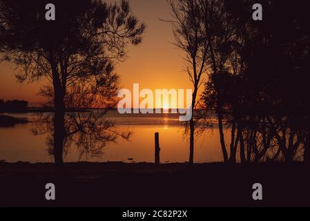 Sonnenuntergang über dem Fluss zwischen den Bäumen Stockfoto