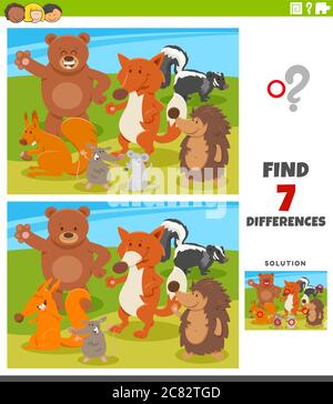 Cartoon Illustration der Suche nach Unterschieden zwischen Bildern Educational Game für Kinder mit wilden Tier Charaktere Gruppe Stock Vektor