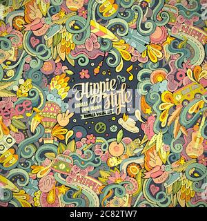 Cartoon Hand gezeichnet Doodles Hippie Illustration. Farbenfrohe Details Stock Vektor
