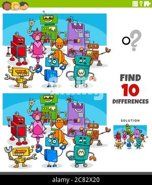 Cartoon Illustration der Suche nach Unterschieden zwischen Bildern Lernspiel für Kinder mit Lustige Roboter Charaktere Gruppe Stock Vektor