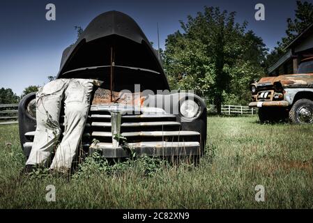 Niedriger Winkel EINER gefälschten Stadt Szene eines ausgestopften Dummy in Overalls lehnte in popped Haube auf alten 1930er-Auto in ländlichen grünen Feld in mittleren TN, USA Stockfoto