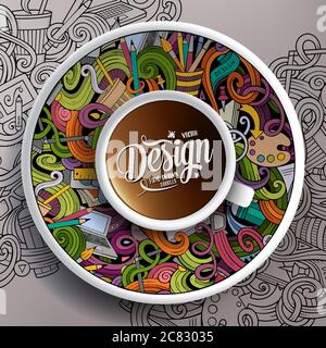 Tasse Kaffee Design-Doodles auf einer Untertasse, Papier und Hintergrund Stock Vektor