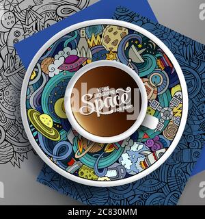 Tasse Kaffee und handgezeichneter Raum Doodle Stock Vektor