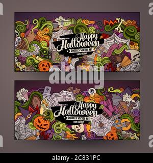 Cartoon niedlichen bunten Vektor handgezeichnete Kritzeleien Halloween Banner Stock Vektor
