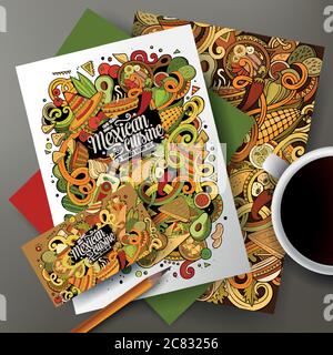 Cartoon niedlich Vektor Hand gezeichnet Doodles mexikanische Lebensmittel Corporate Identity Set Stock Vektor