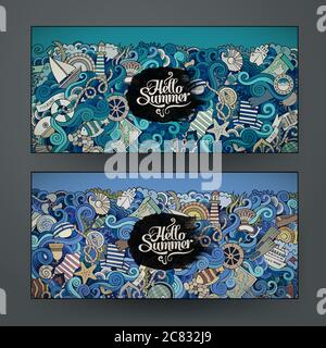 Vektor-Banner-Vorlagen mit Doodles marine Thema gesetzt Stock Vektor