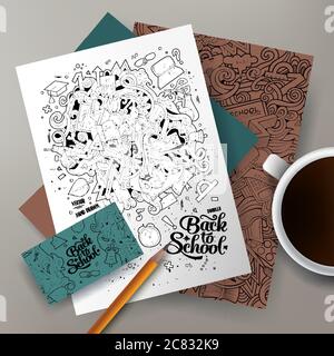 Cartoon-Kritzeleien Zurück zur Schule Corporate Identity Set Stock Vektor