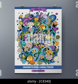 Doodles Cartoon Bunte Unterwasserwelt Poster Stock Vektor