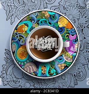 Vektorgrafik mit einer Tasse Kaffee und handgezeichneter Unterwat Stock Vektor