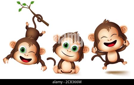 Affen Tierfiguren Vektor-Set. Monkey Kids Tiere kleiner Charakter in glücklich lächelnd Gesichtsausdruck mit verschiedenen Posen und Gesten. Stock Vektor
