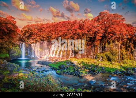 Shiraito fällt mit bunten Herbst Blatt in Fujinomiya, Shizuoka, Japan. Stockfoto