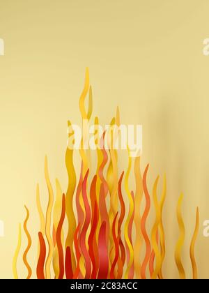 Abstrakte 3D-Flammen, minimalistisches Design mit gelben, orangen und roten Bändern. Digitales 3D-Rendern. Stockfoto