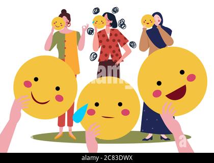 Drei Zeichen Frau hält Maske Emoticon Charakter Lächeln traurig lachen mit flachen Cartoon-Stil. Stock Vektor