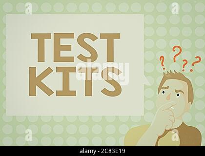 Konzeptionelle Handschrift mit Testkits. Konzept Bedeutung Werkzeuge verwendet, um die Anwesenheit von etwas im Körper zu erkennen Mann drückt Hand auf Mund Que Stockfoto