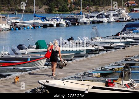 Nynashamn, Schweden - 26. Juni 2020: Eine Frau mit Hund läuft mit Sportbooten im Yachthafen über den Steg. Stockfoto
