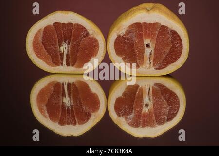 Halb transparente Grapefruitscheibe auf einem Hintergrund mit Spiegelung. Stockfoto