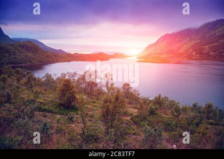 Fjord bei Sonnenuntergang. Felsige Küste am Abend. Schöne Natur von Norwegen. Malerische skandinavische Landschaft. Lofoten Inseln, Norwegen, Europa Stockfoto