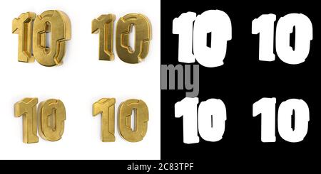 Set aus goldener Zahl 10 (Zahl zehn) linke und rechte Seitenansicht, mit Alphakanal und Schatten auf weißem Hintergrund. 3D-Illustration Stockfoto