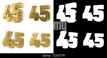 Satz von goldenen Zahlen 45 (Zahl fünfundvierzig) linke und rechte Seite Ansicht, mit Alpha-Kanal und Schatten auf weißem Hintergrund. 3D-Illustration Stockfoto