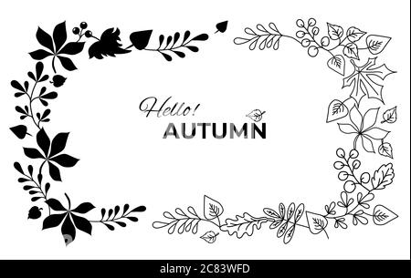 Vektor Herbst Kranz von fallenden Blättern und Beeren. Horizontale Rahmenvignette von botanischen Elementen. Schwarze Umrisse und Silhouette. Isolierte Elemente Stock Vektor