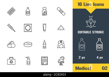 Apotheke, Medizin Medikamente Pillen. Symbol für dünne Linien - Darstellung des flachen Vektorgrafiken. Bearbeitbares Strichpiktogramm. Hochwertiges Grafikkonzept für das Web Stock Vektor