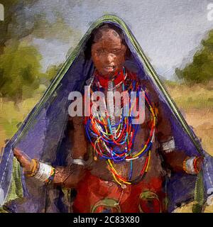 Malerei Illustration einer afrikanischen Stammfrau mit traditionellen Ornamenten Stockfoto