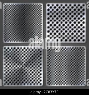 Realistische perforierte gebürstete Metall Texturen Set. Polierter Edelstahlhintergrund. Vektorgrafik. Stock Vektor