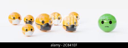 Gelbe und Gesichtsform Emoticons, zeigt die Bedeutung des Tragens Maske wegen Covid 19. Konzept der sozialen Distanzierung.3d-Rendering Stockfoto