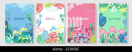 Vektor-Set floralen Hintergrund, Natur Hintergrund, vier Jahreszeiten, Vorlage, Banner, Cover, Vorlagen, Postkarte. Stock Vektor