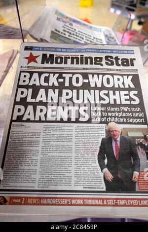 Morgenstern Titelseite Zeitung Schlagzeile "Back-to-Work-Plan bestraft Eltern" am 20. Juli 2020 London England Großbritannien Stockfoto