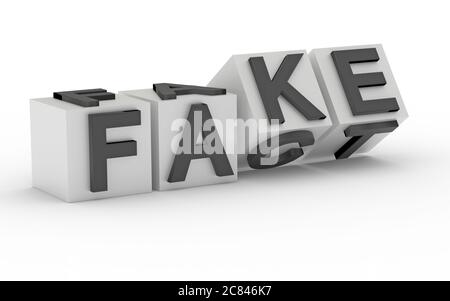 Würfel mit Buchstaben umkehren und die Wörter ändern sich von TATSACHE zu FÄLSCHUNG. 3d-Rendering Stockfoto