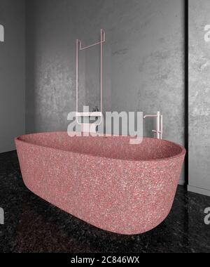 Interieur von stilvollen modernen Bad-Design mit grauen Betonwänden und schwarzem Marmorboden, eine Badewanne in rotem Marmor, ein Waschbecken, neues Konzept. Stockfoto