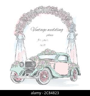 Ein mit Blumen geschmückter Hochzeitswagen vor dem Hintergrund eines Hochzeitsbogens. Vektorgrafik für eine Postkarte oder ein Poster. Feiern. Stock Vektor