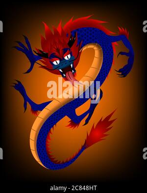 Vektor-Illustration eines chinesischen Drachen. Es hat einen blauen und roten Körper auf einem orangen und schwarzen Hintergrund. Stock Vektor