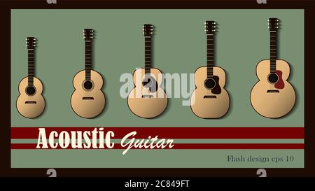 Vektor-Illustration von 5 verschiedenen akustischen Gitarren mit Vintage-Stil Hintergrund. Stock Vektor