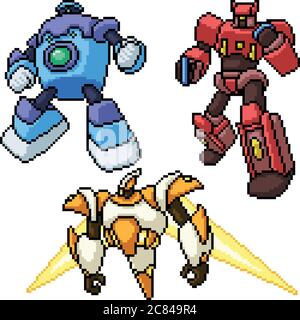 Pixel Art Set isoliert Anime Roboter Stock Vektor