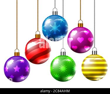 Vektordarstellung von sechs Weihnachtskugeln, verschiedenen Mustern und Farben. Stock Vektor